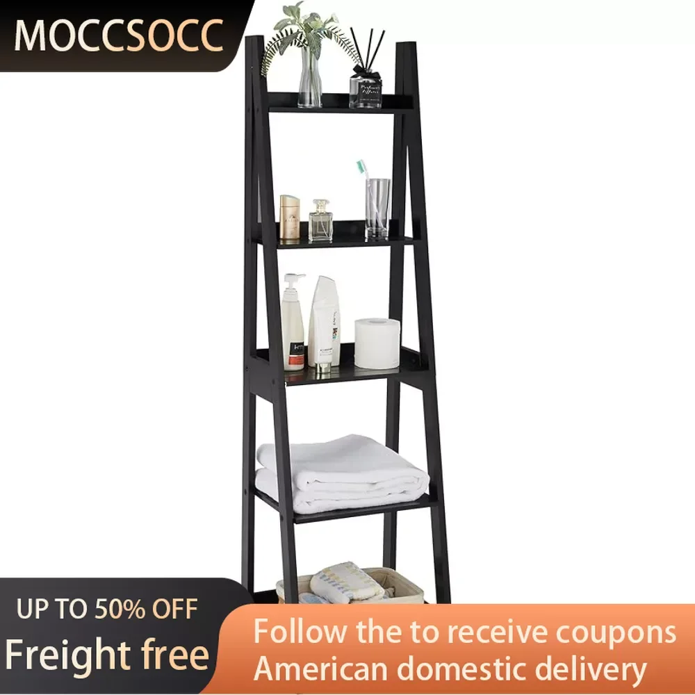 

5 Tier Bookshelf Storage Ladder Shelf Flower Stand Kitchen Organizers Shelves for Wall Room Easy to Assemble Real Wood (Black）