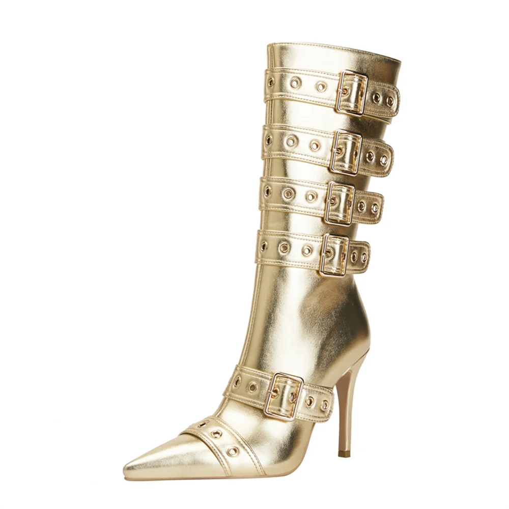 

2023 Autumn/Winter Fashion Women's High Stiletto Heel Cusp Side Zipper Calf Boot Sexy Metal Decoration