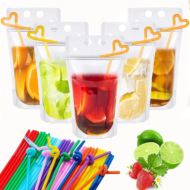 50pcs Drink Pouches for Adults,Reusable Ziplock Bags with Reusable Straws for Alcohol Drink Freezable Hand-Held Juice Container for Cold & Hot