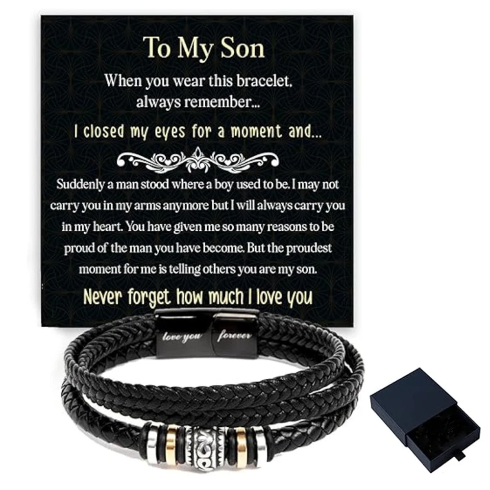 Heartfelt Message Braided Leather Bracelet for Son - Love You Forever, From Parents, Perfect for Christmas or Graduation