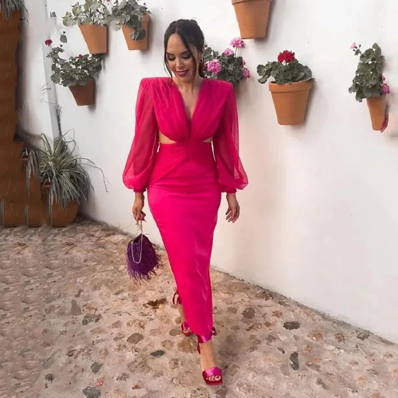 

Fairytale Fushcia Mermaid Prom Dresses for Women Back Split Sexy Cutaway Sides Evening Party Gowns V Neck Backless Club Wear