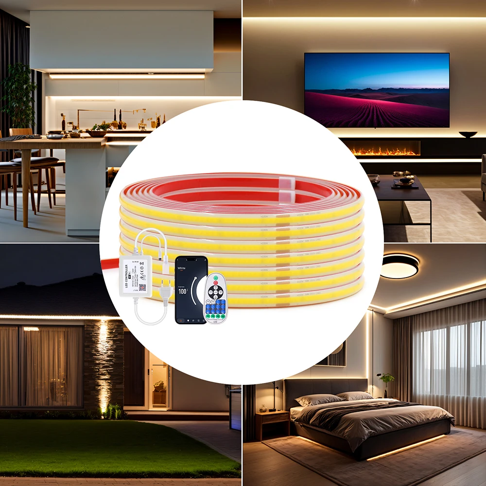 Dimmable 220V COB LED Strip Light WIFI Bluetooth Wall Touch 23key Remote Control Power Kit 288LED Flex Tape IP67 Waterproof Lamp 6