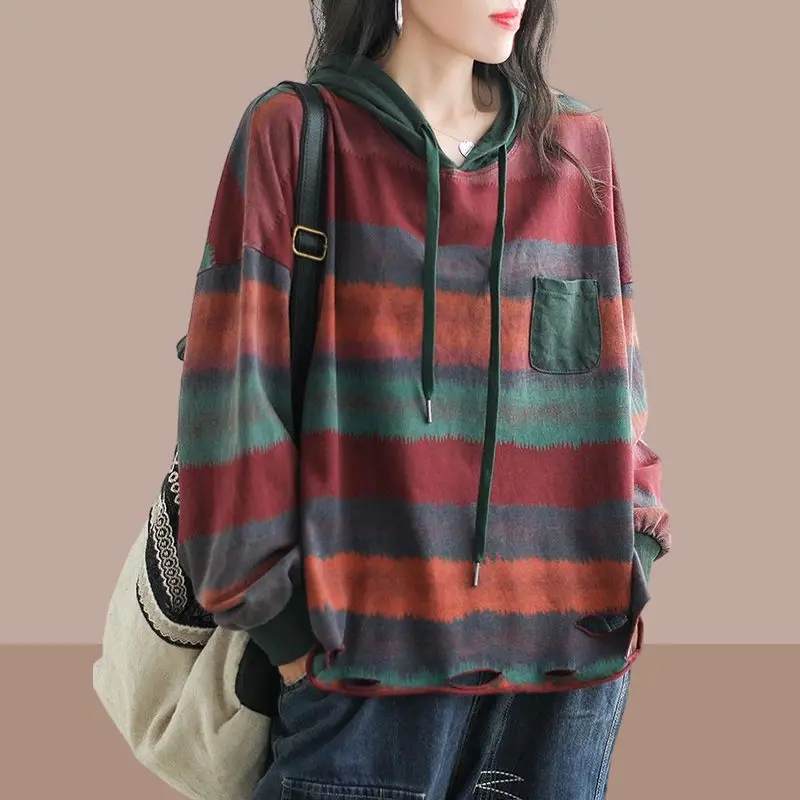 

Женский хлопковый свитшот в полоску, Повседневный пуловер с длинным рукавом и воротником-капюшоном, P623, осень 2023