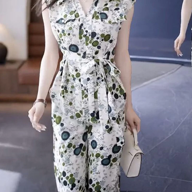 Summer Elegant Pant Set Women POLO Collar Casual Button Patchwork Lacing Pullovers Elastic Waist Printing Comfortable Trousers