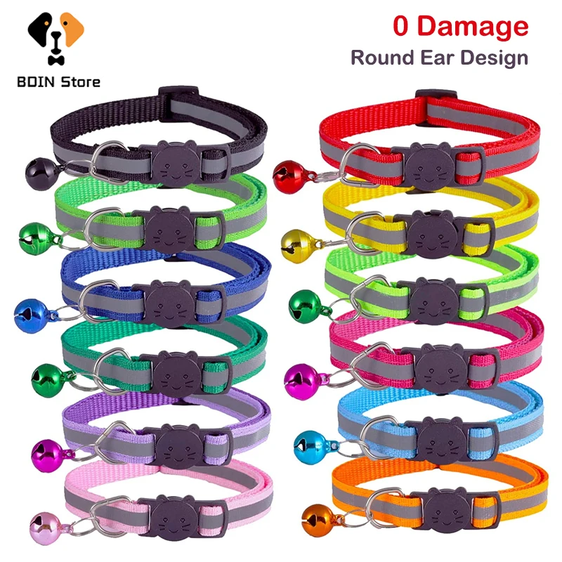 

Adjustable Cat Collar With Bell Colorful Nylon Reflective-Breakaway Safety Buckle Kitten Collar Cats Supplies Accessories