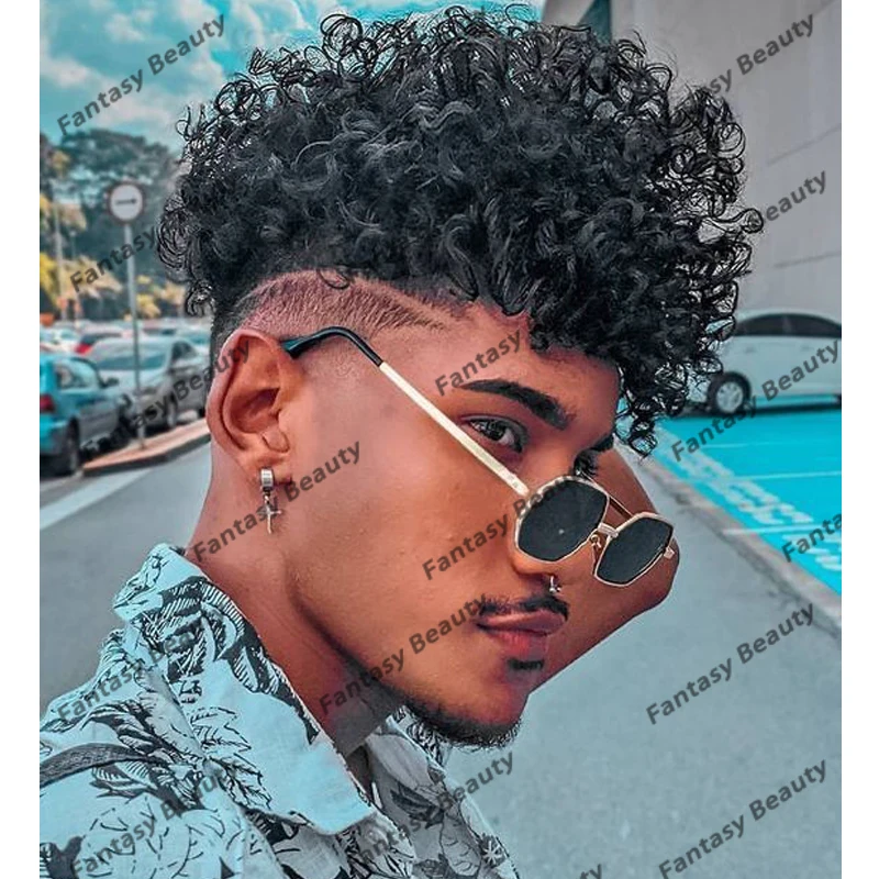 

Прочный мужской парик из тонкой кожи с полной полиуретановой основой, черный, 15 мм, Afo, курчавые, кудрявые мужские волосы, капиллярный протез, парики, заменяемые Мужские t