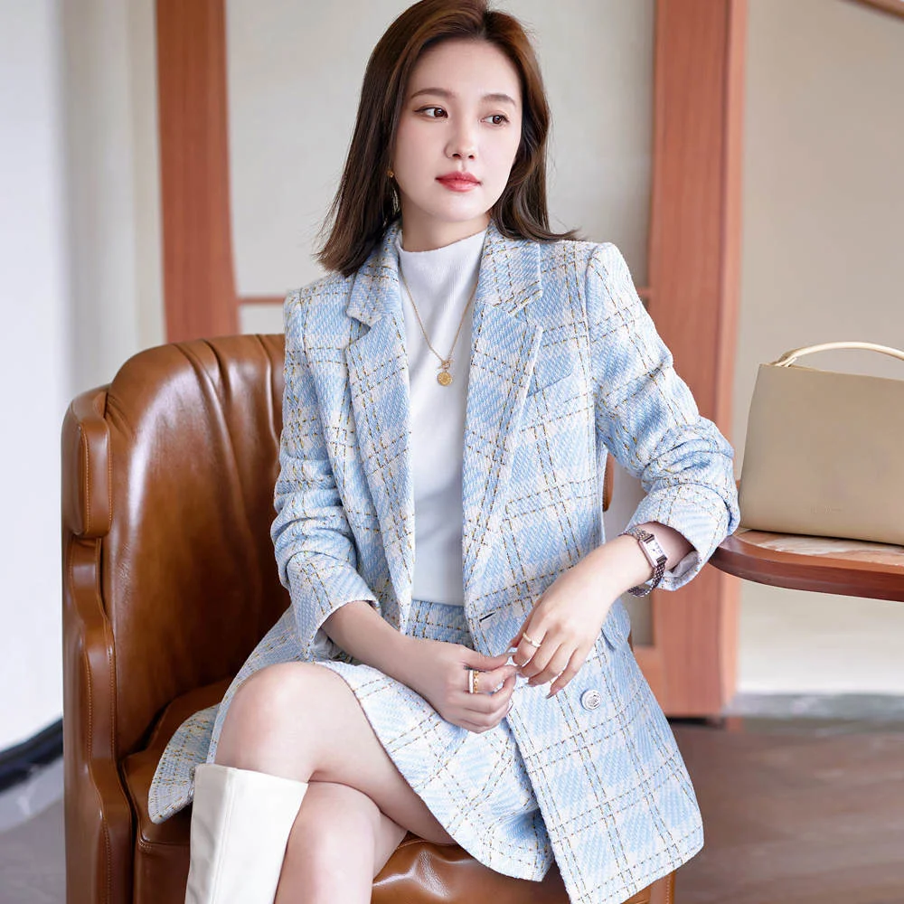 

Женский офисный костюм из 2 предметов, блейзер и юбка из плотной шерстяной ткани в клетку, одежда в Корейском стиле для осени и зимы