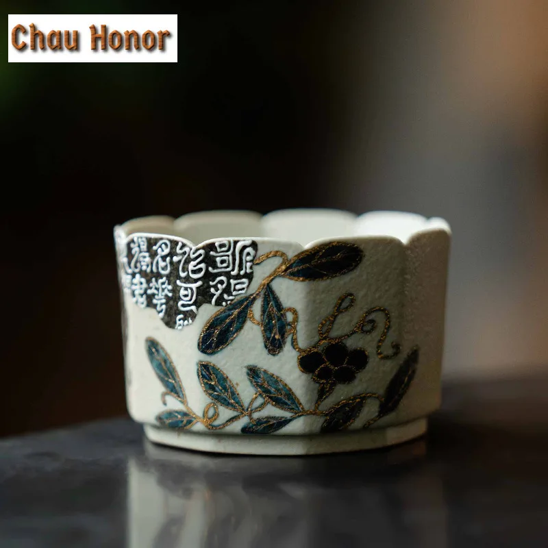 100ML Blue And White Flint Red Teacup Handmade Gold Drawing Branch Lotus Tea Bowl Cup Tea Smelling Cup Coffee Mug Tea Ceremony