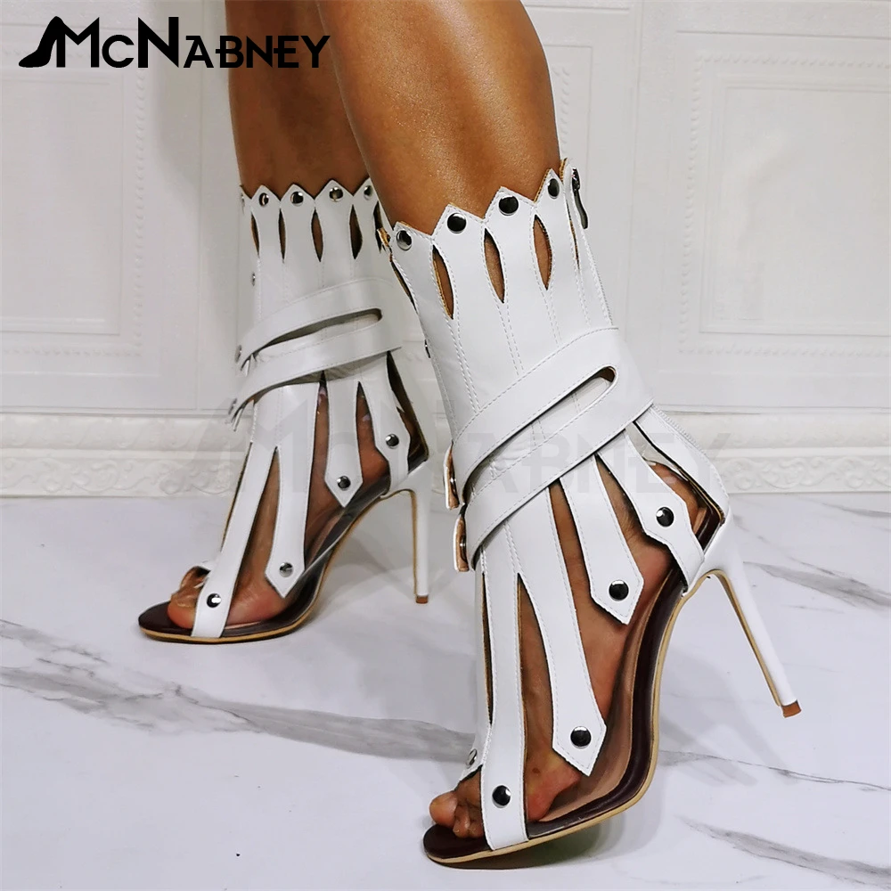 

Peep Toe Sandals Boots Metal Rivet Novelty Design High Heels Leather Plastic Stiletto Button Summer Boots White Large Size Shoes