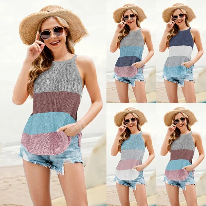 2024 Summer New Contrasting Color Knitted Shirt Vest for Women Hanging Neck Round Neck Sleeveless Knitted Top for Women SFC9-3