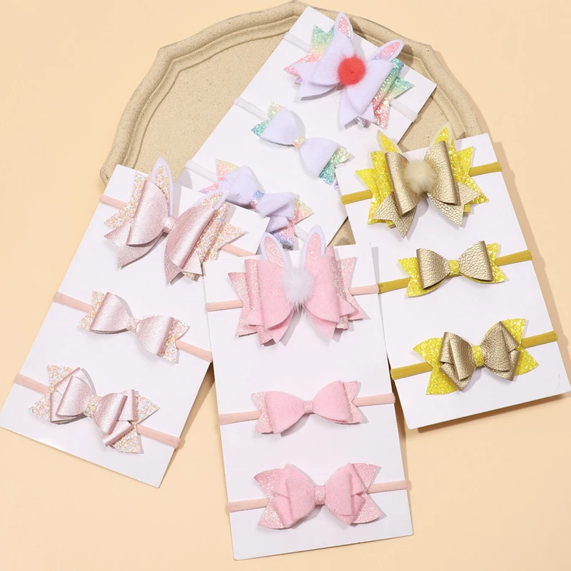 

3Pcs/Set Baby Bows Headband Sequin Leather Hair Bands Child Girl Skinny Nylon Hairband Cute Accessories Ins Newborn Photo Props