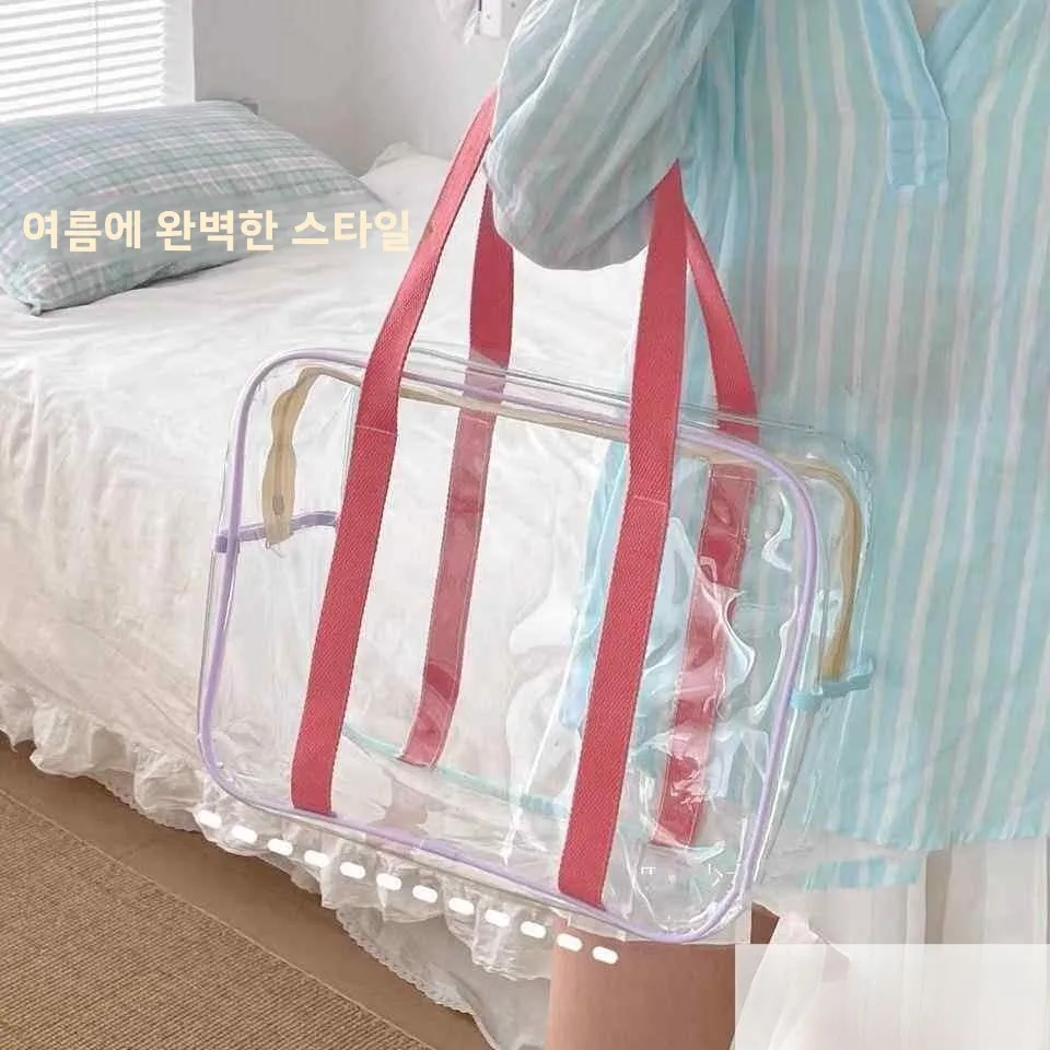휴대용 수영 가방 2026 새로운 여름 대용량 방수 마카롱 수영복 보관 토트백 소녀용 투명