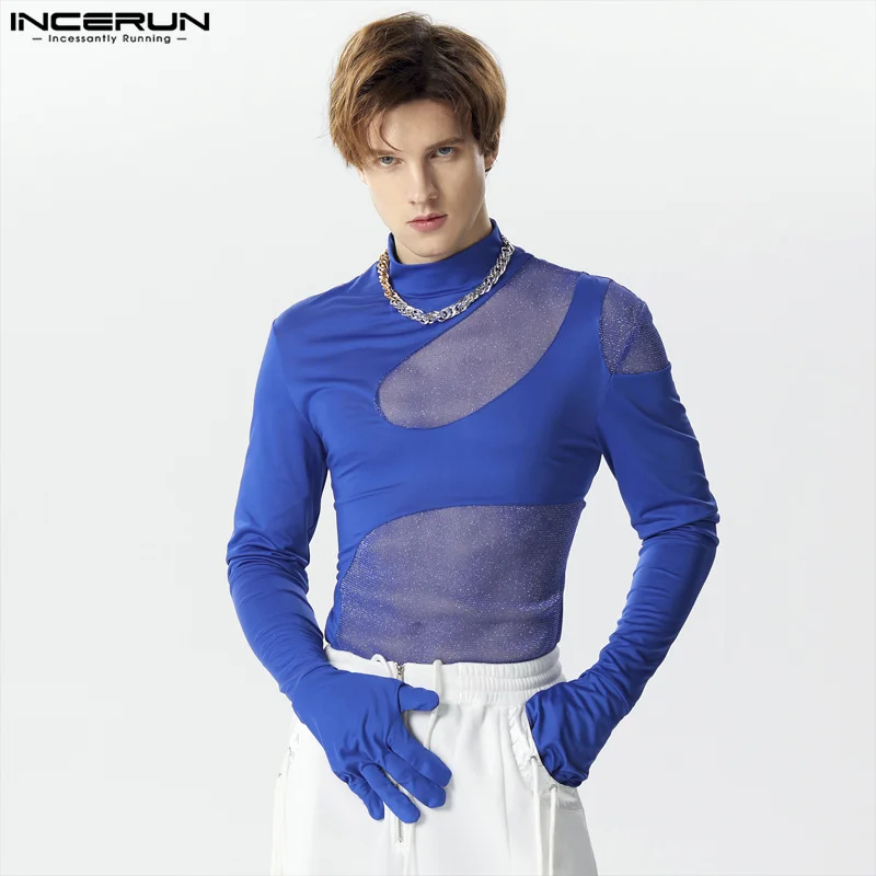 INCERUN 2024 Sexy Men Rompers Hollow Patchwork Mesh Half High Neck Jumpsuits Fashion Thin Long Sleeved Triangular Bodysuit S-3XL