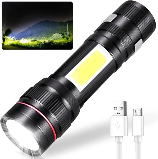 

LED Torch Flashlight,8000LM Adjustable Waterproof Built-in Battery Flashlight with Side Light, Mini COB Light 3 Modes Lamp