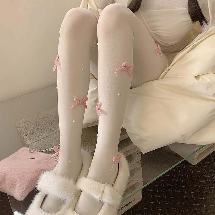 Spring And Autumn Milk White Hosiery Socks Girl's Heart Velvet Bow Pearl Outer Wear Body Stockings Slim Thigh High Panty Hose