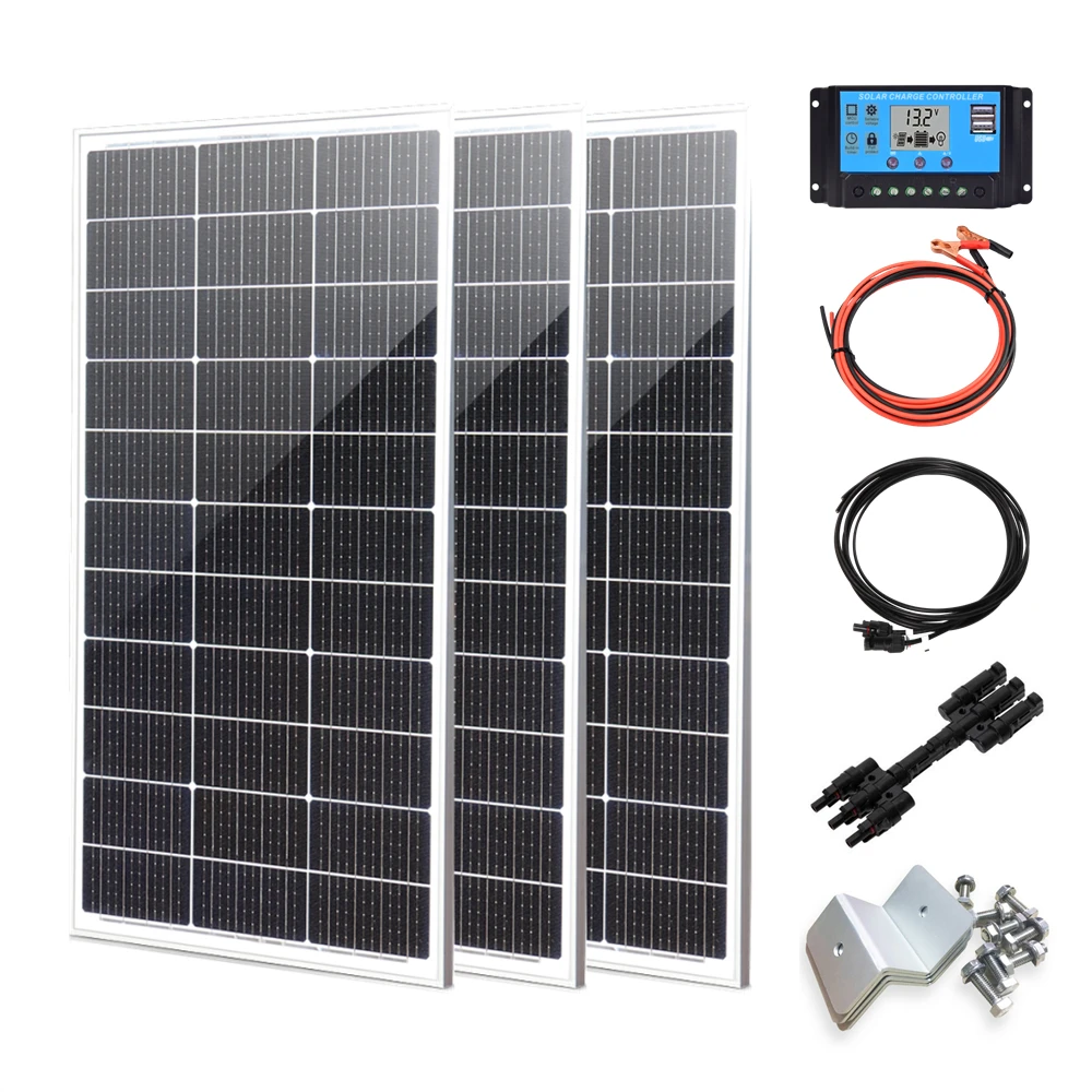 

Solar Panels Kit 100W 200W 300W 100 Watts Rigid Glass Solar Panel Monocrystalline Cell Off-grid Photovoltaic System Home RV Boat