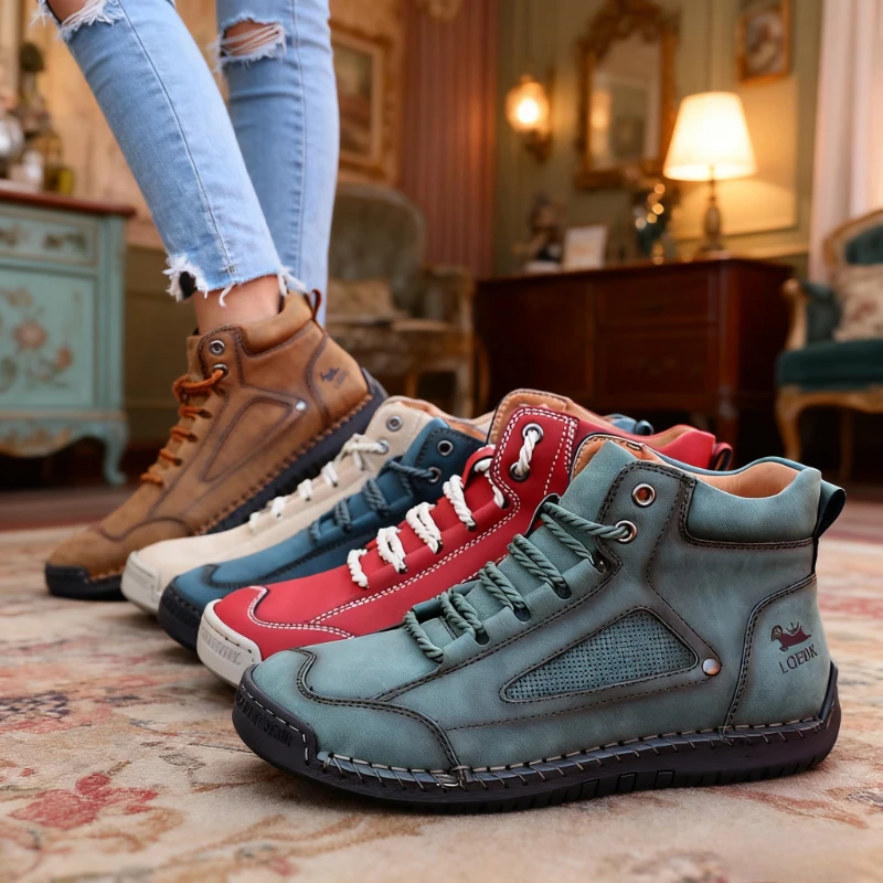 Women's Nude Boots High Top Retro Anti Slip Work Shoes Outdoor Shoes Soft Homme Classic Ankle Non-slip Flats Moccasin Sneakers