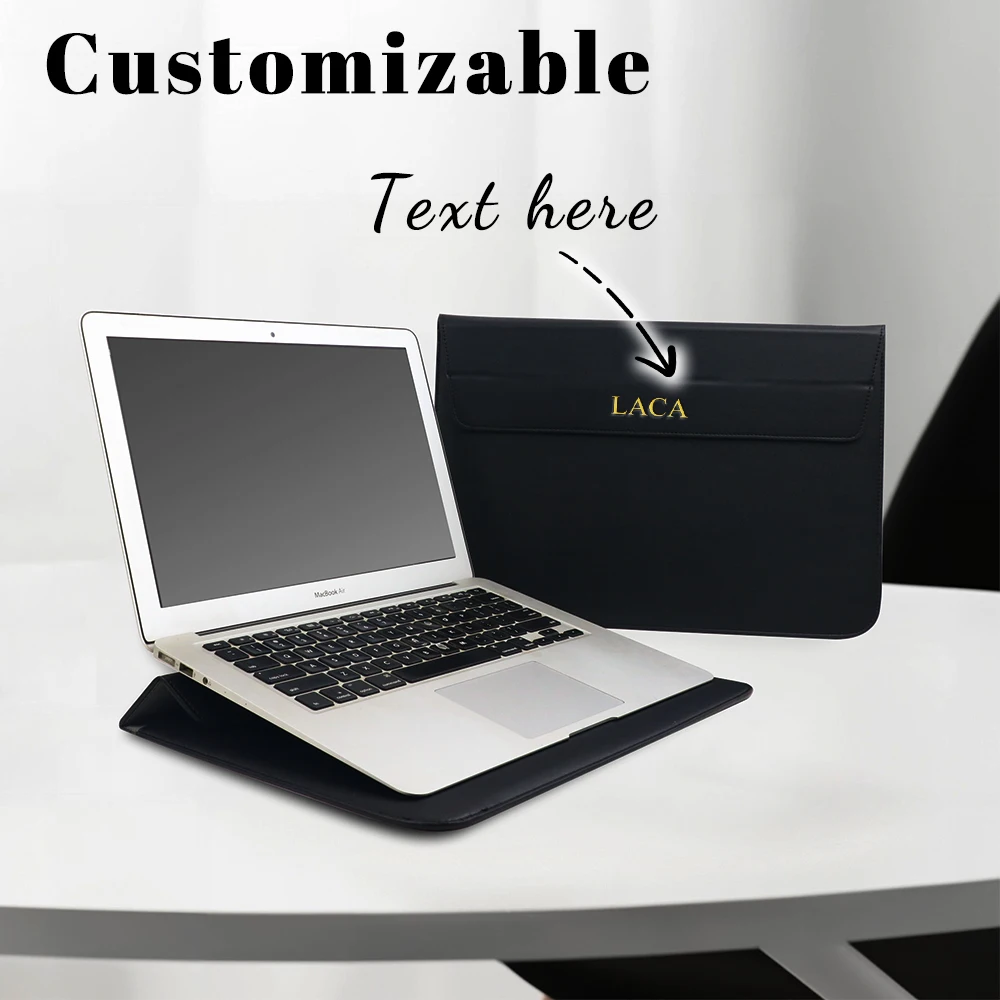 Étui en cuir PU pour hommes et femmes, nom personnalisé, sac pour ordinateur portable 13/15, support d'ordinateur anglais