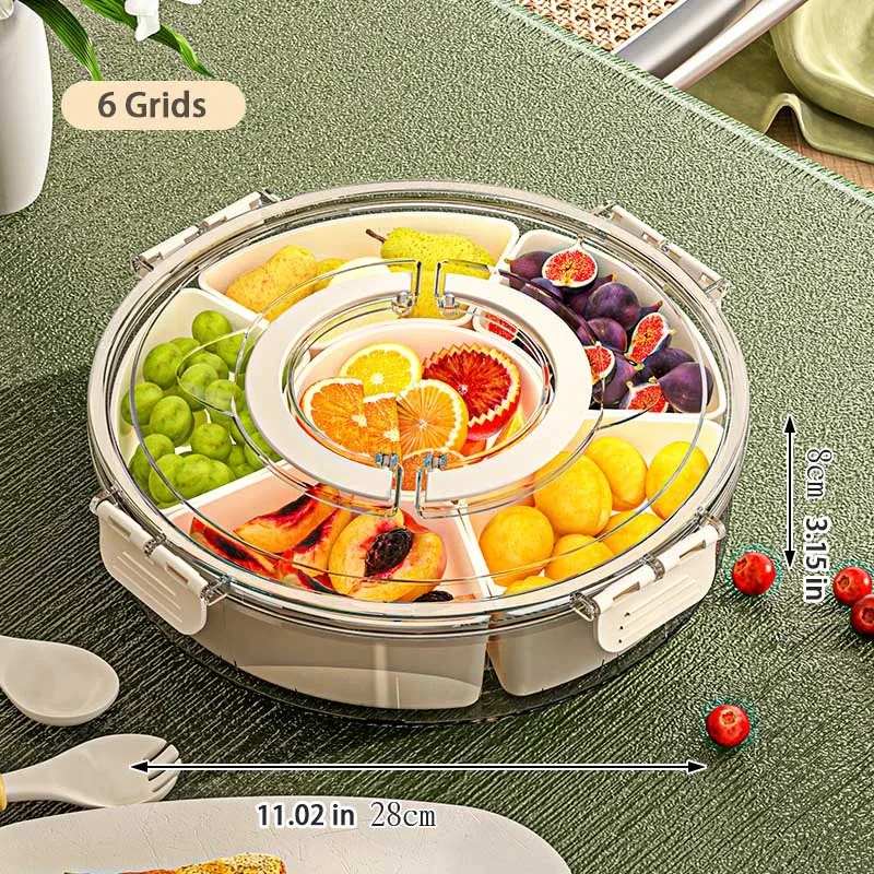 Round/Square Multi Compartment Fruit Tray Snack Box with Lid Handle for Home Organization Clear Divided Rotating Serving Tray