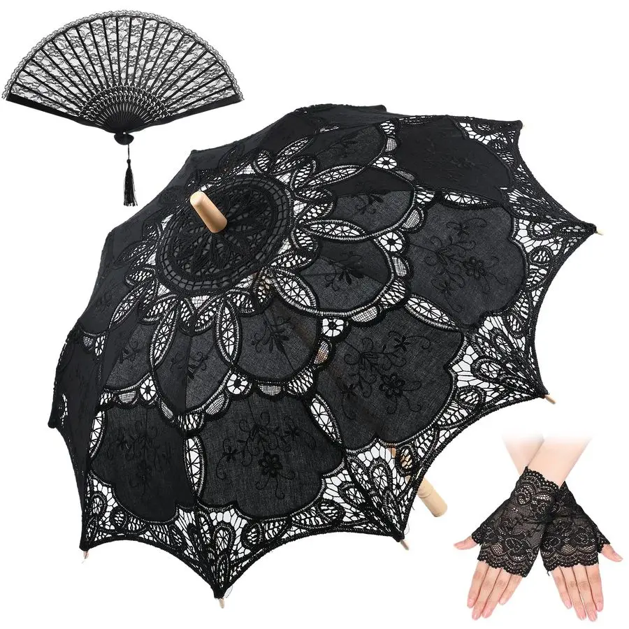 Pcs Halloween Black Lace Parasol Vintage Gothic Lace Umbrella Hand Folding Fan Glove for Halloween Witch Wedding Bridal Lolita C