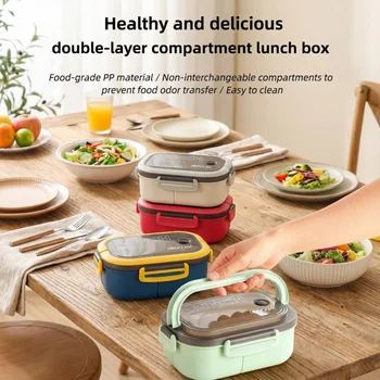 Portable Double Layer Sealed Lunch Box Bento with Leak Proof Design Microwave Safe Kids Food Container with Cutlery Kitchen 1