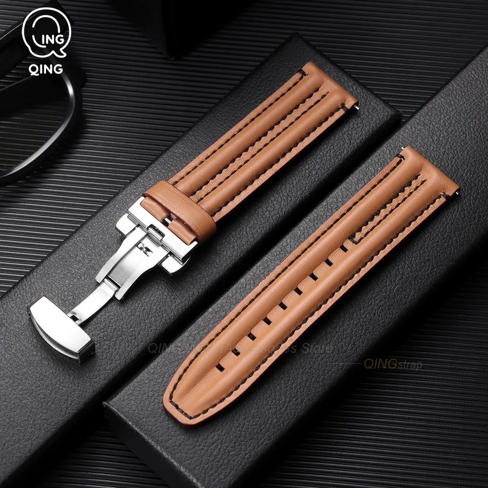 Premium Leather Butterfly Clasp Watch Strap - Waterproof Retro Design with Quick Release