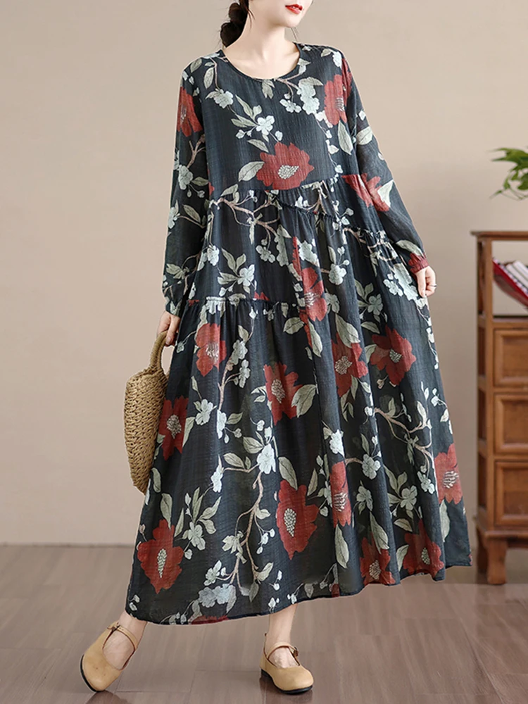 Cotton Long Sleeve Print Vintage Spring Autumn Dresses Women 2025 Casual Loose Long Dress Office Lady Vestidos Elegant Clothing