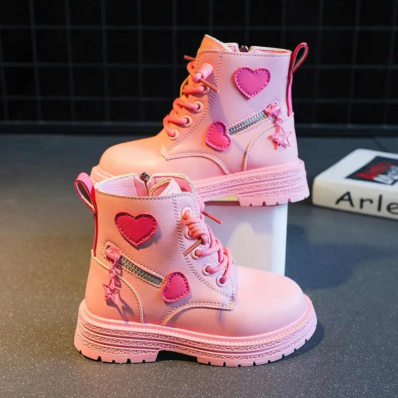 Girls Ankle Boots Fashion Princess PU Leather Rubber Outsole Children's Short Boots Autumn Winter Zipper Pink with Love Heart