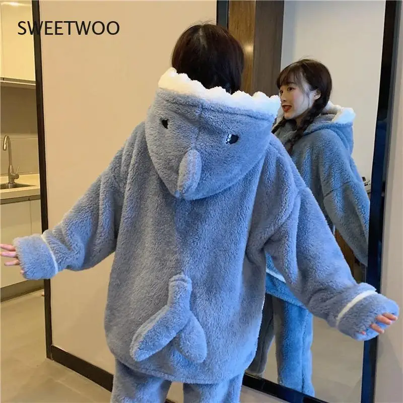 Shark Women Pajamas Flannel Hooded Sleepwear Kawaii Pijama Female Set with Pants Cute Pyjamas Halloween Party Loungewear