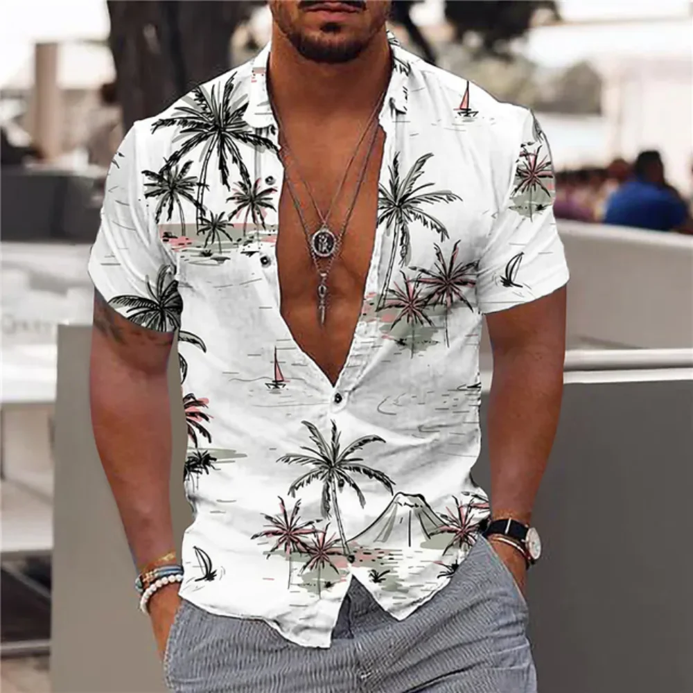 Summer Trend 3d Print Men’s Shirt Hawaii New Tree Coconut Graphic Short Sleeve Tops Fashion Clothes 2023 Beach 5xl Blouse