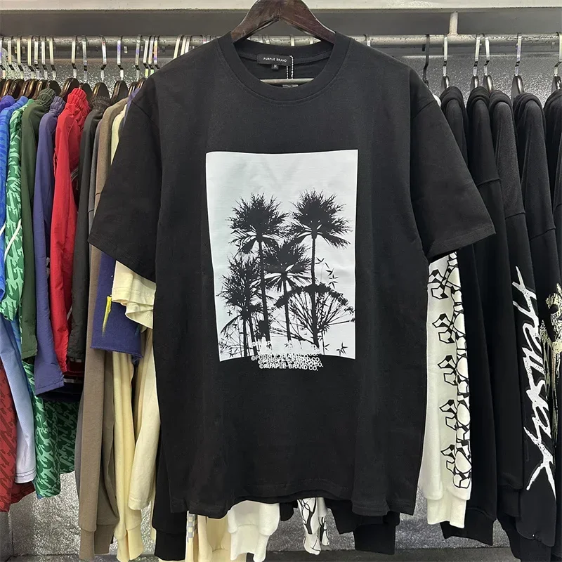 

Top Version Purple Letter Pattern Printed Pure Cotton Round Neck Casual Short Sleeve T-shirt Fashion