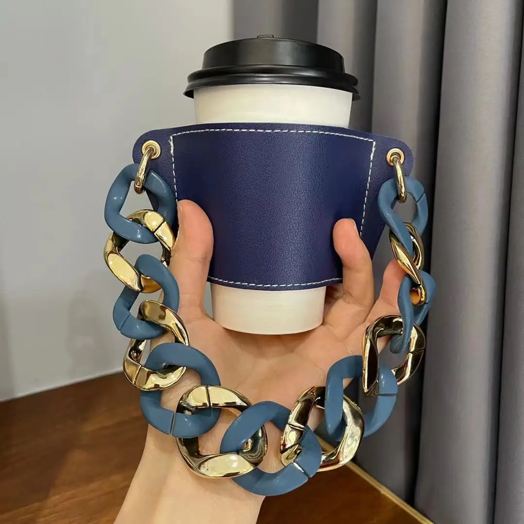 Nieuwe Kleur Alternate Acryl Armband Melk Thee Lederen Cup Set Draagbare Hot Water Cup Leather Case Draagbare Opslag Set Sleutelhanger