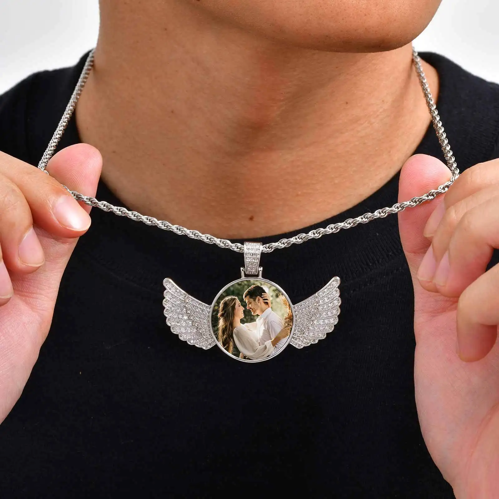 Hip Hop Photo Necklace for Men Boys,Personalized Pictue Wings Round Pendant Necklace,Anniversary Father's Gift