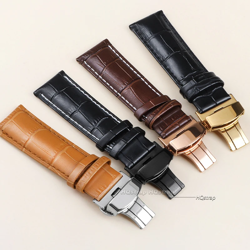 Premium Leather Watchband with Metal Butterfly Clasp - Unisex Strap with Gift Box