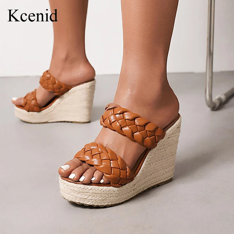 

Kcenid Summer Women Fashion Braided Slippers Mules Sexy New Solid Color Brown Black Apricot Wedges Platform Shoes Woman