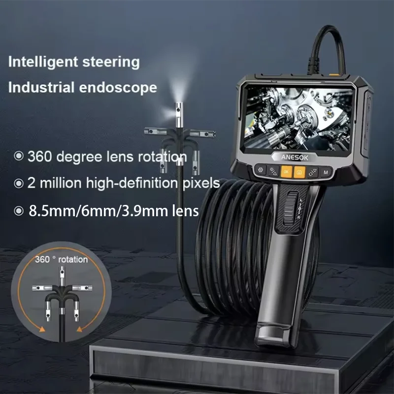 360° 2-way 3.9m/6/8mm single Dual lens 1080P Steering Industrial Borescope Endoscopy Camera 5 "HD Screen High Temperature Alarm 2