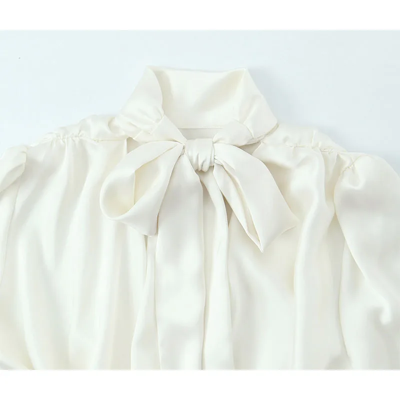 New Backless Bow Blouse Women 2025 Women's Chic Fashion Satin Elegant Long Sleeve Casual Short Shirts And Blouses Top ﻿