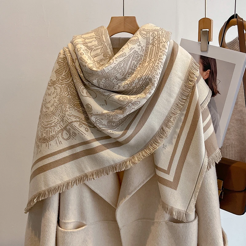 Women's Fashion Faux Cashmere Winter Scarf With Vintage Print And Tassels Soft Warm Shawl For Daily Wear Elegant Wrap Suitable