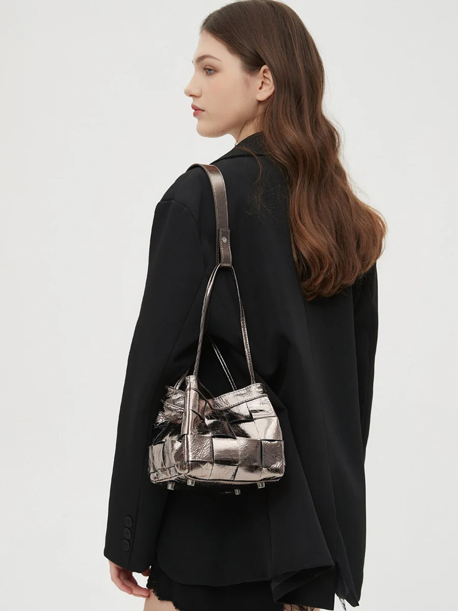 MABULA Designer Genuine Cow Leather Woven Basket Tote Bag for Women Elegant Silver Luxury Handbag Brand Lady Crossbody Purse