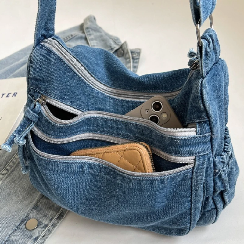 Vintage Denim Women's Shoulder Bag Large Capacity Messenger Bag Multi-pockets Satchel Bags Adjustable Strap Ladies Crossbody Bag