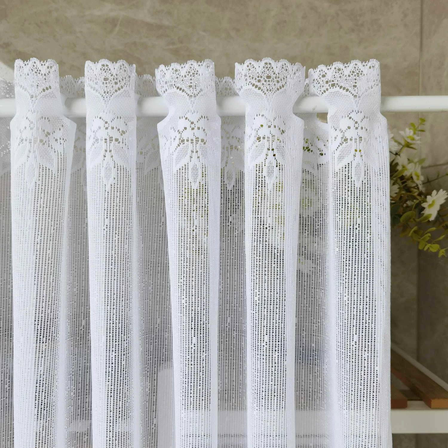 White Lace Sheer Curtains Long Scalloped Bottom Kitchen Short Curtain Valance Window Treatment for Bedroom Living Room Cabinet - Image 5