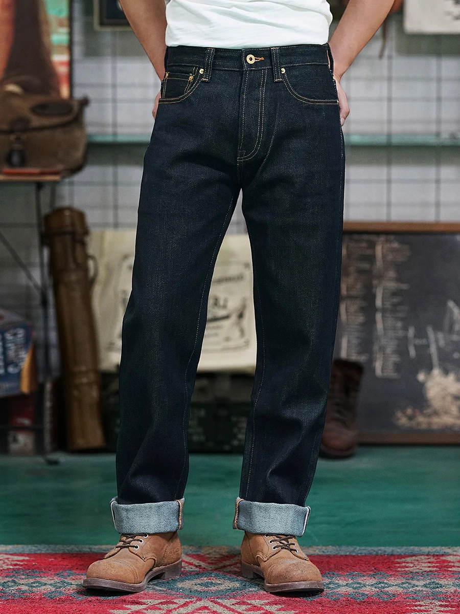 Men's Jeans Middle Waist 23OZ Thick Selvedged Denim Bukleback Straight Amekaji Cowboy Motorcycle Cargo Pants 4