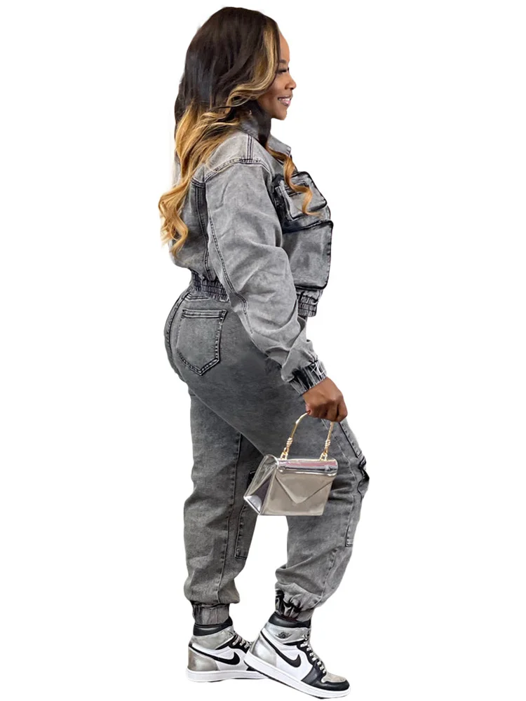 Wmstar Denim Two Piece Set Women Jacket Coat Top Jeans Cargo