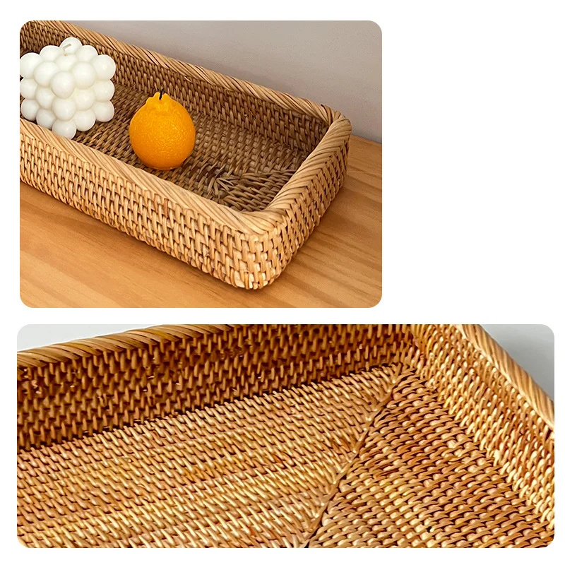 Handmade rattan desktop square coffee bread tray Nordic style light luxury storage basket for cosmetics and sundries 5