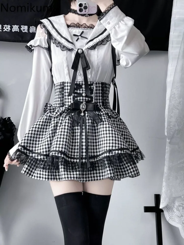 2025 Faldas Mujer De Moda Plaid Skirt for Women Sweet Japanese Jupe High Waist Bow Cute Saia Beading Bandage A-line Mini Skirts 4