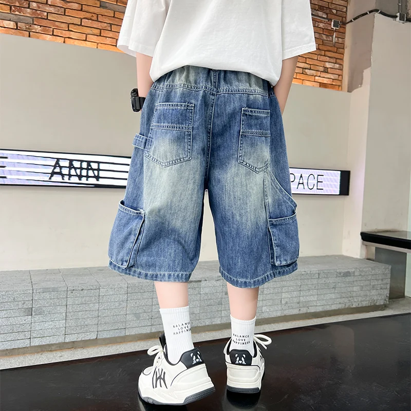 고품질 아동용 여름 Y2K 블루 데님 카고 반바지, 십대 남아 캐주얼 스트리트 바지 5 6 7 8 9 10 11 12 13 14세용