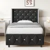 Twin Bed Frames, Upholstered Platform Bed Twin Size with Diamond Tufted Headboard, Modern Velvet Bed Frame with Wingback Design, 1