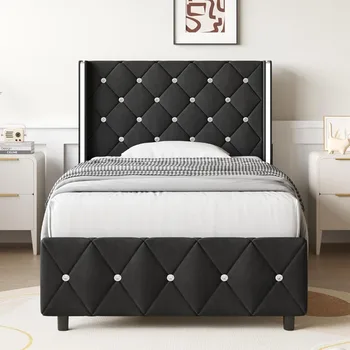 Twin Bed Frames, Upholstered Platform Bed Twin Size with Diamond Tufted Headboard, Modern Velvet Bed Frame with Wingback Design, 1