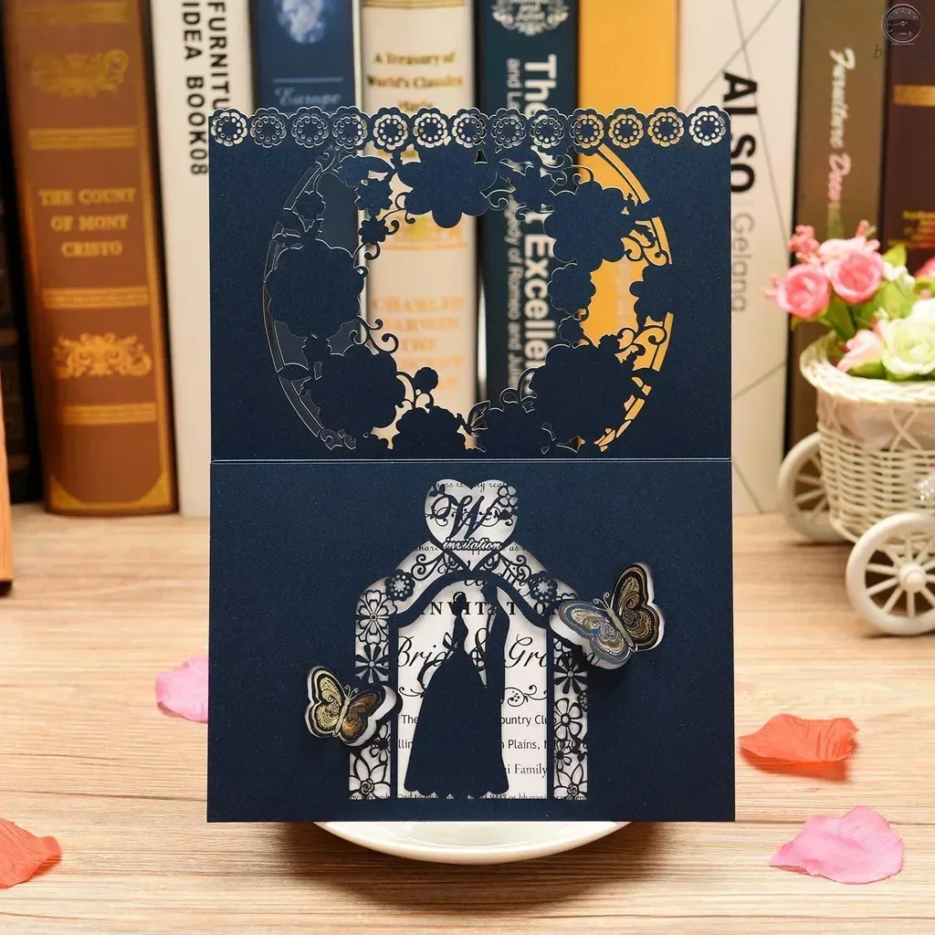 Wedding Invitation Cards 10pcs/pack Flower Bride Groom Hollow Out 250gsm Shiny Pearl Paper Card Holders greeting cards