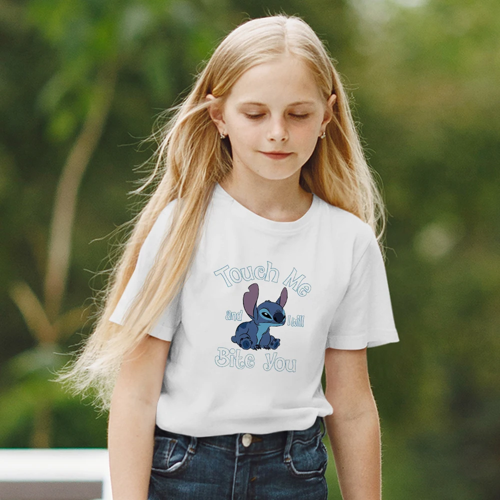 

Disney Cute Stitch Print Outdoor Kids T-Shirts Touch Me And I Will Bite You Letter Girl Clothes Y2K Comfy Child T Shirts Trendy